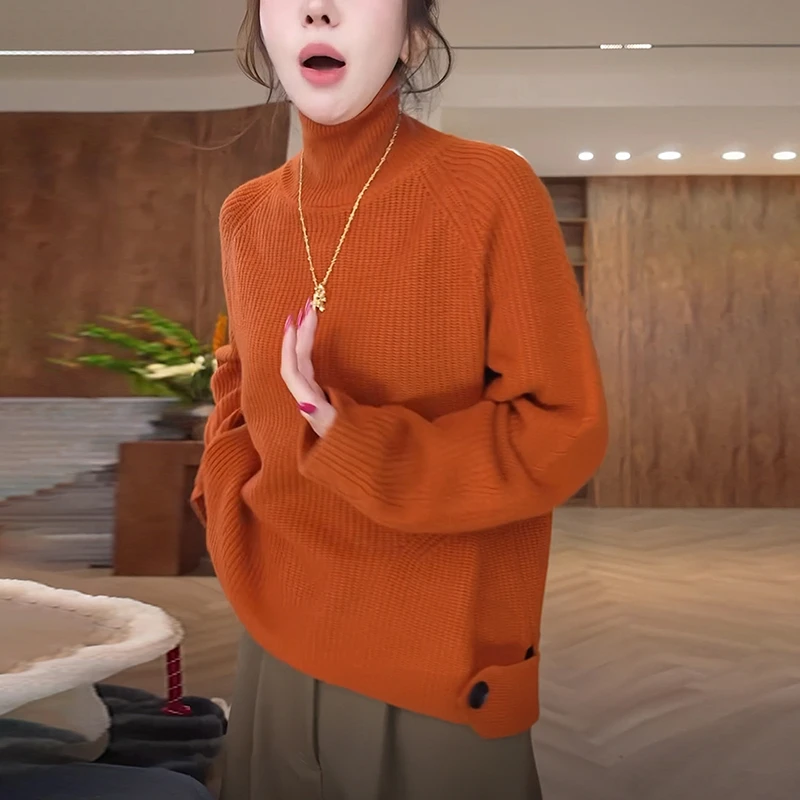 慵懒软糯毛衣女2025秋冬宽松显瘦洋气内搭打底针织衫橘色高领上衣