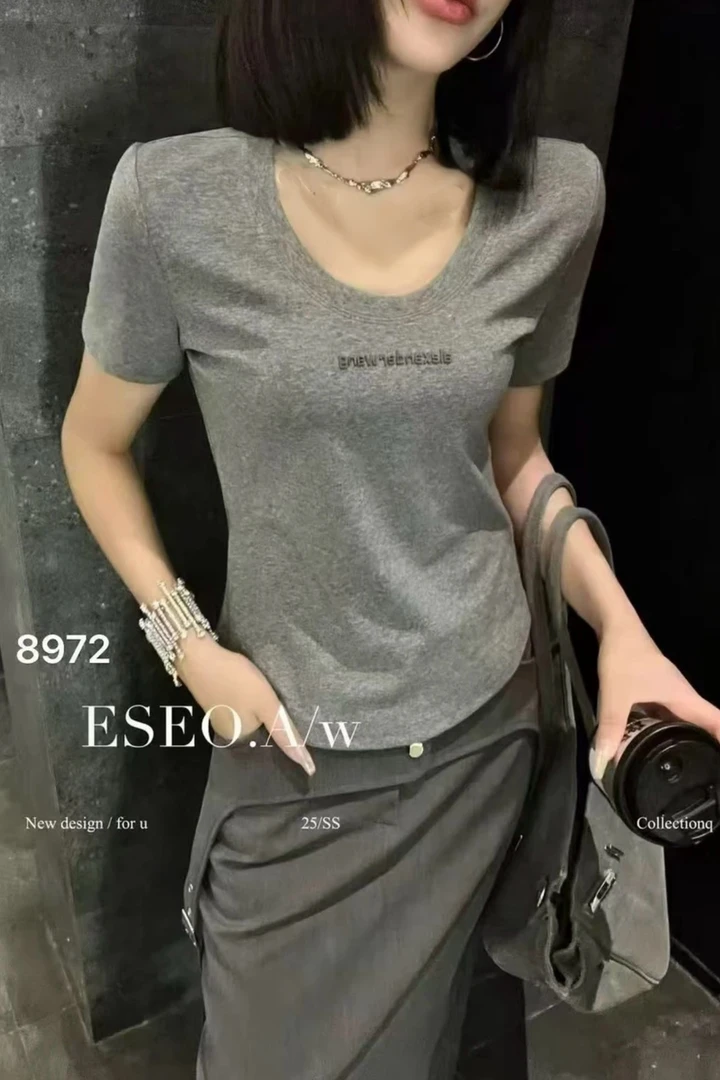 【熙小范】331  鹅蛋领T恤微胖短t灰色纯色短袖印花时尚ins洋气U型