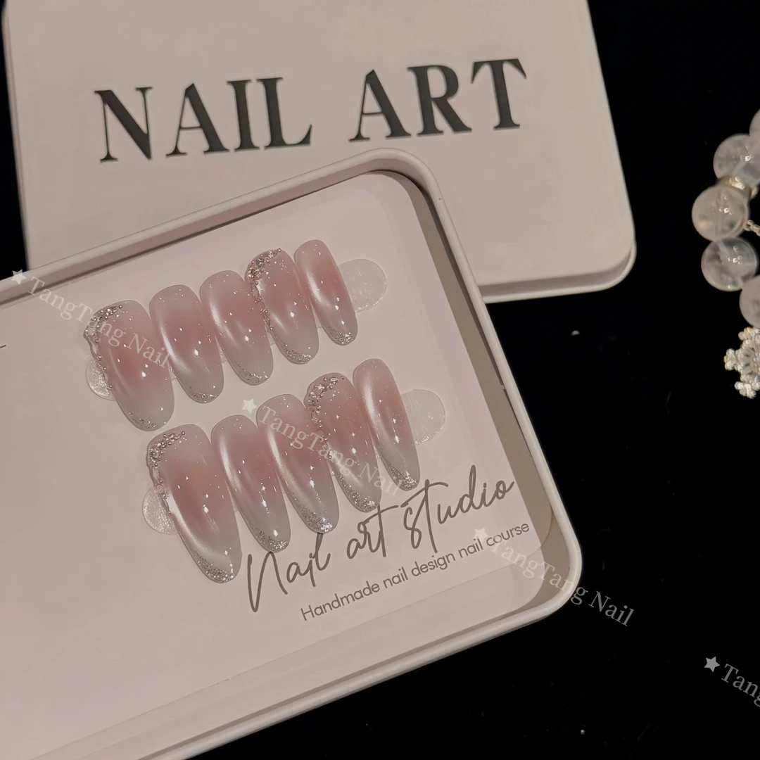 冰透海蓝 手工穿戴甲秋冬腮红渐变猫眼镶钻光疗美甲可拆卸穿戴甲