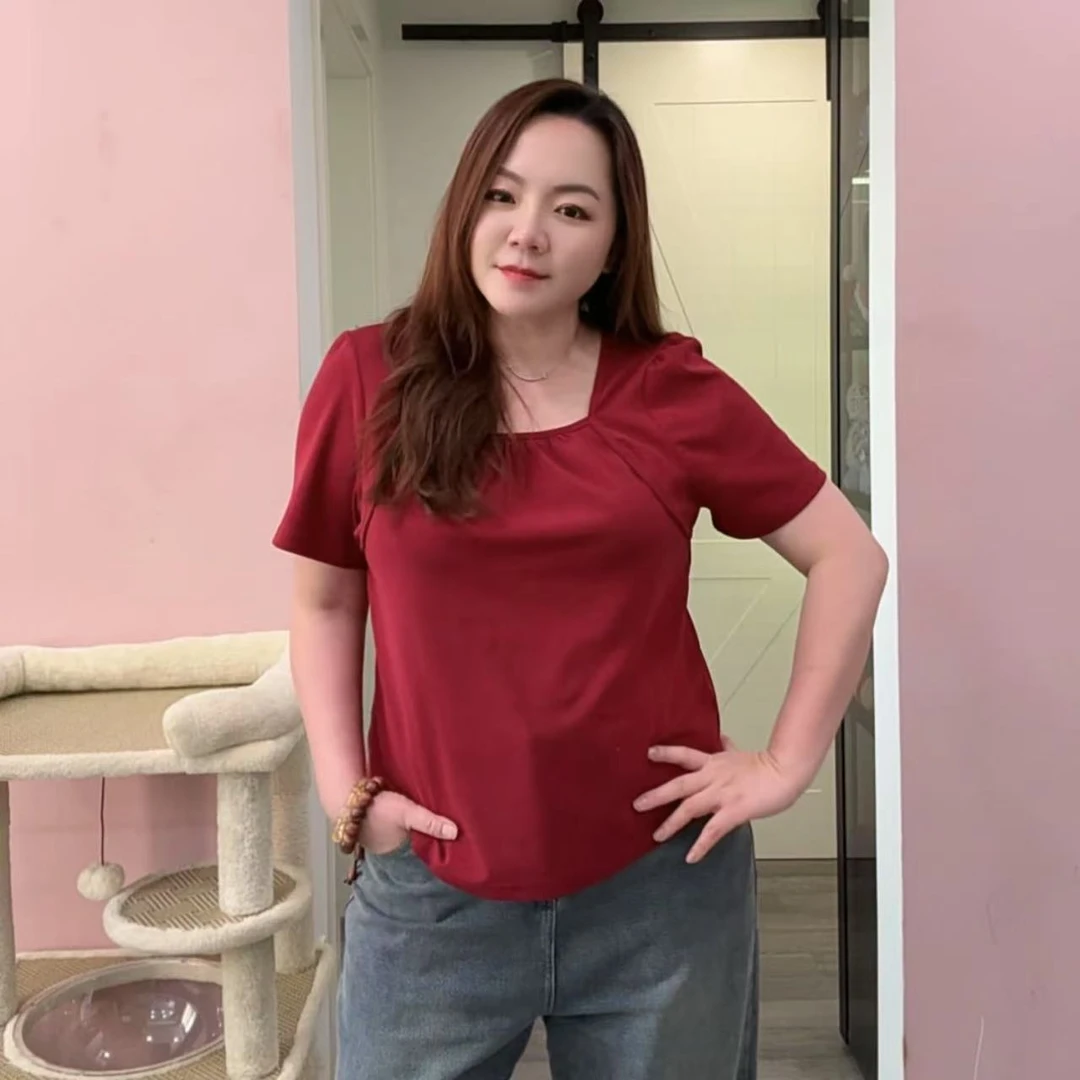 【PKGIRL心选】清2025夏装大码方领褶皱正肩短袖t恤显瘦上衣64565