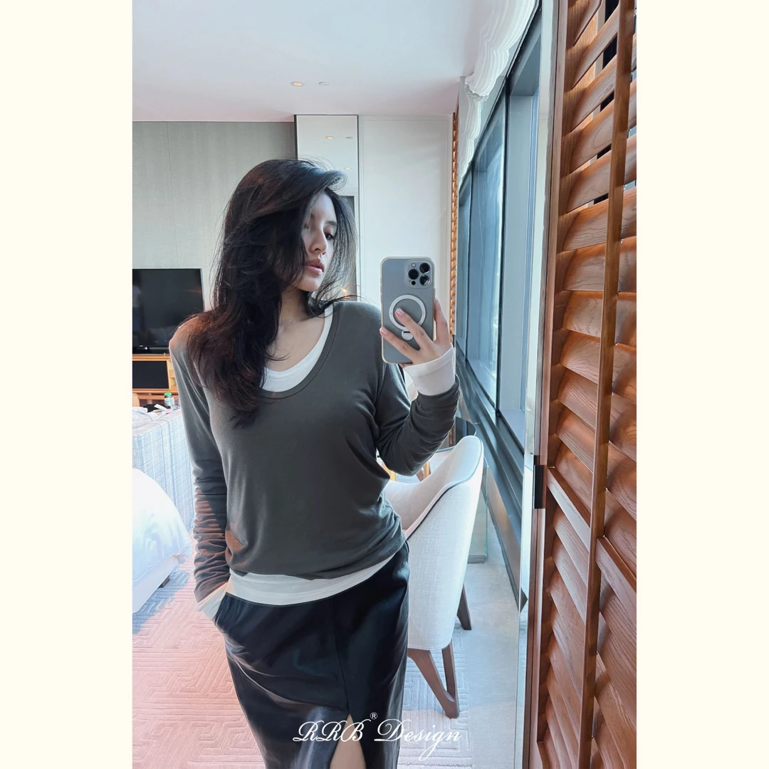 RRB Design 「真两件」莱赛尔桑蚕丝山羊绒拼色宽松显瘦简约U领上衣