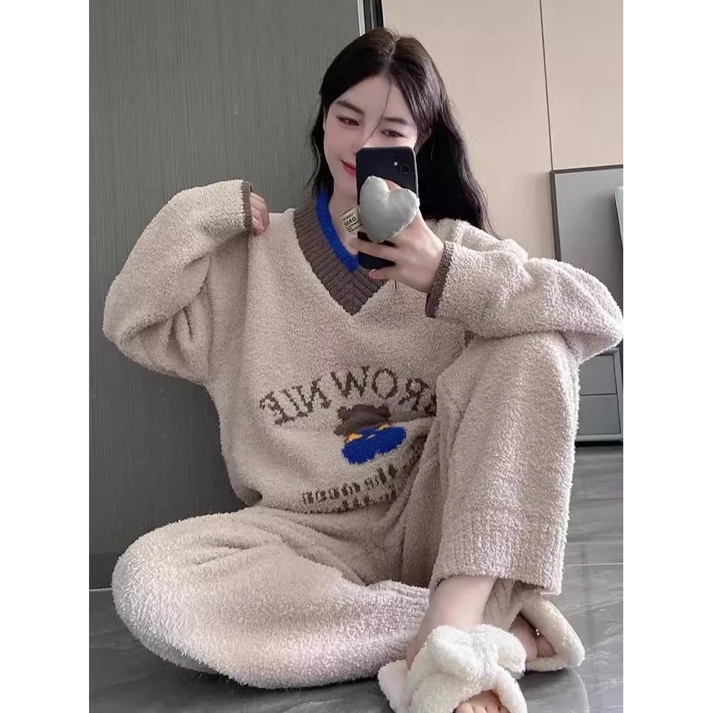 可爱小熊半边绒睡衣女冬季新款加厚毛绒针织家居服大码套装可外穿
