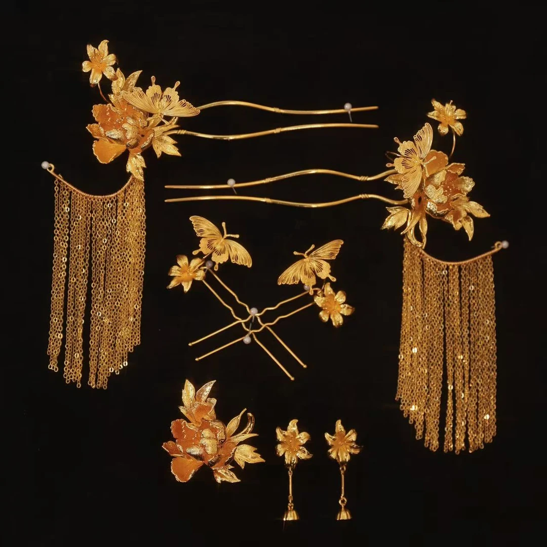 ete新娘饰品金色牡丹流苏发簪多件套新中式秀禾龙凤褂头饰12570