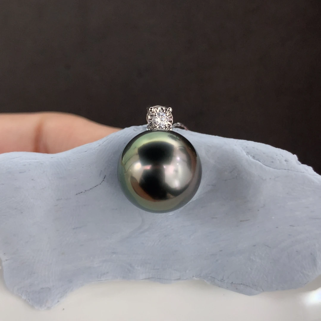 定制海水珍珠18K金镶嵌吊坠(不含链)大溪地12mm正圆微瑕