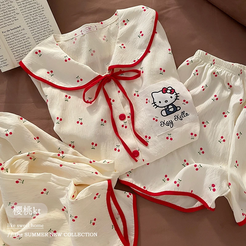 2025新款樱桃凯蒂猫睡衣女春秋夏季天云朵棉短袖可爱卡通三件套