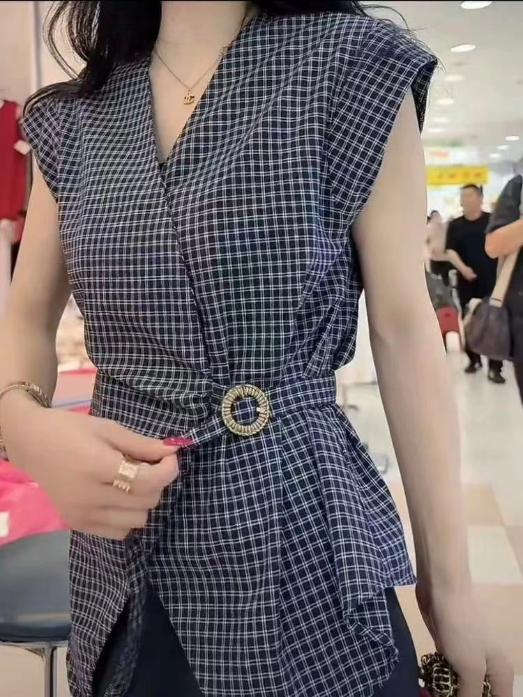 格纹水洗无袖格子常规薄款衬衫短款夏季洋气修身收腰