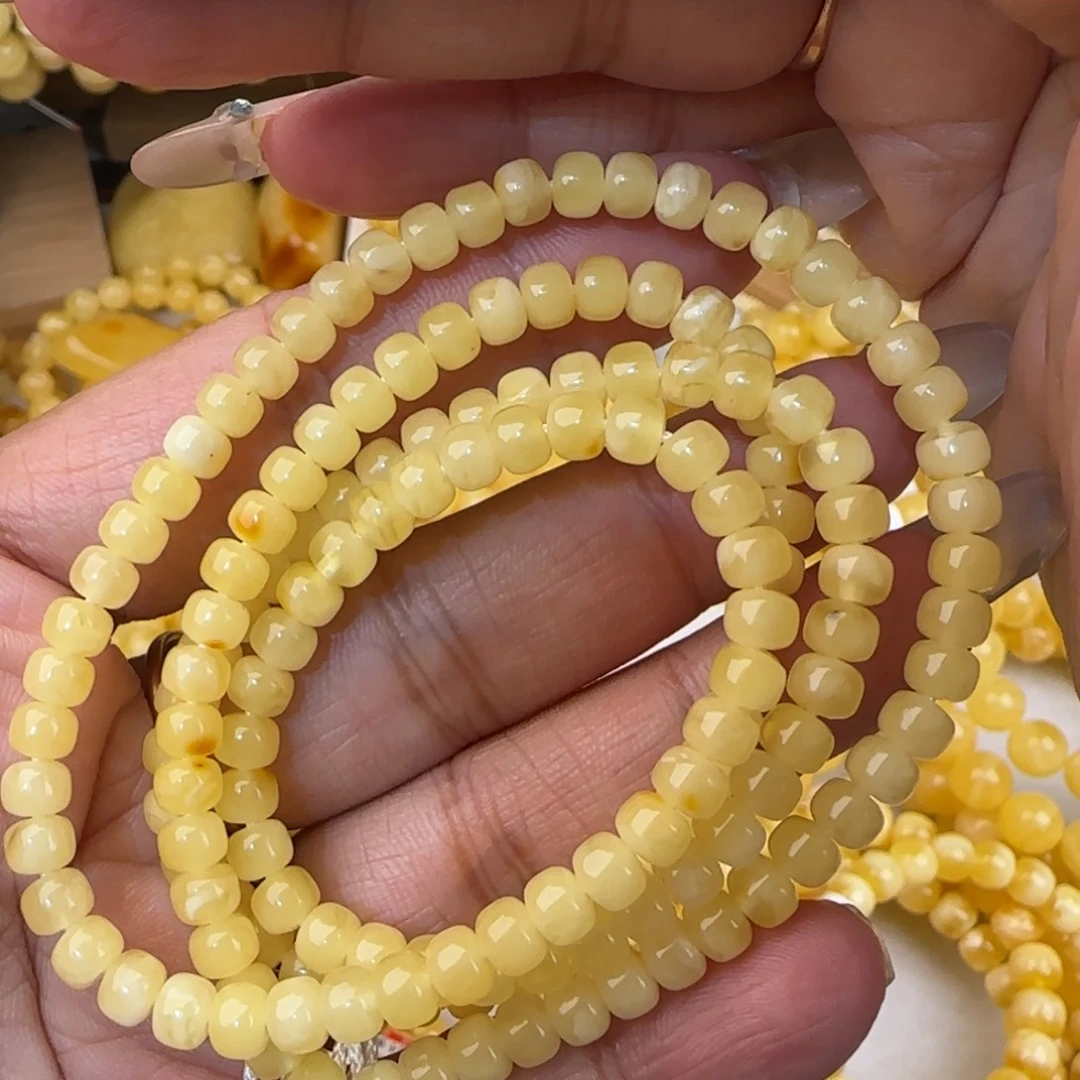 蜜蜡未镶嵌手链白花老型多圈