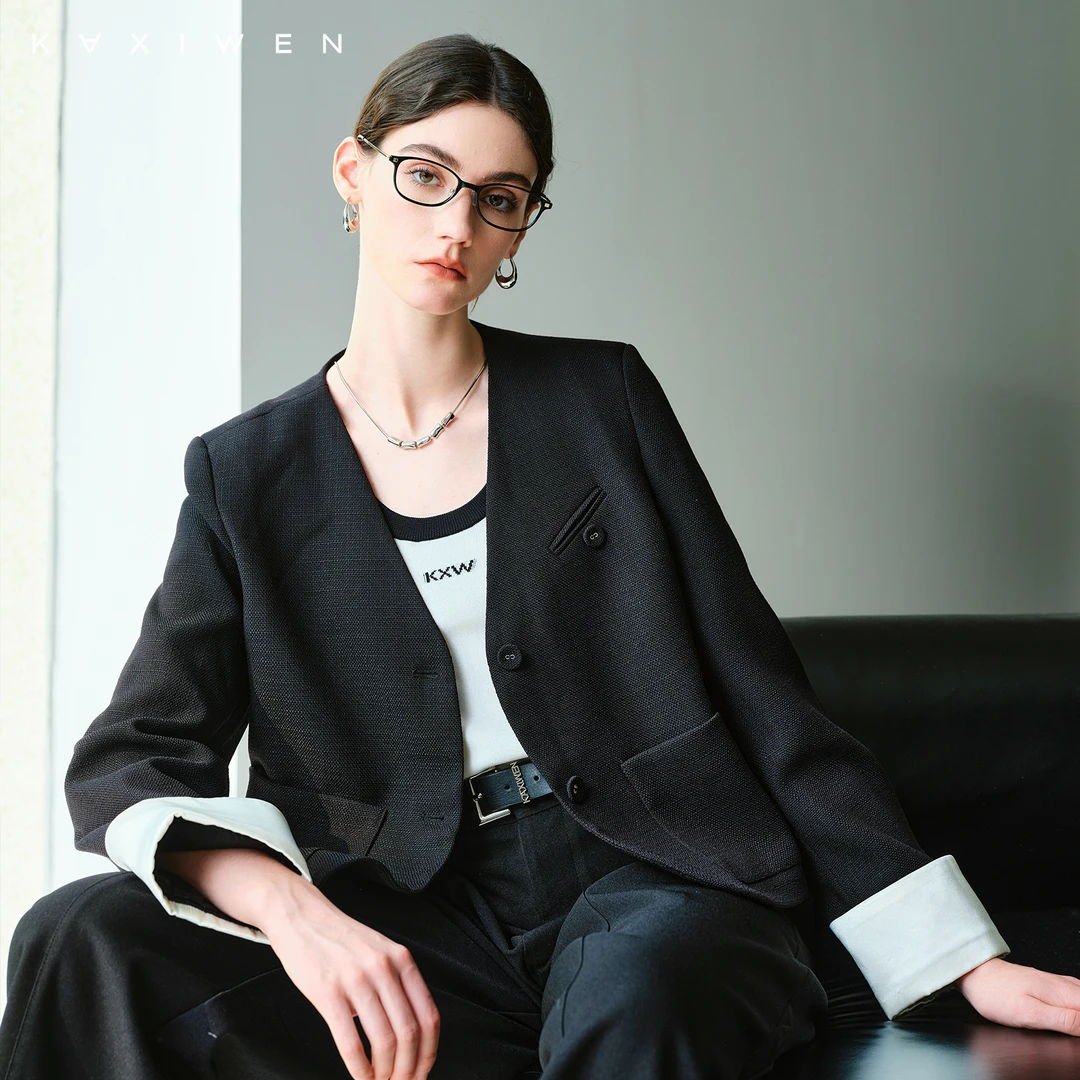 佧茜文通勤感短款西装外套【春秋】气质百搭撞色翻袖上衣D02BWW5607