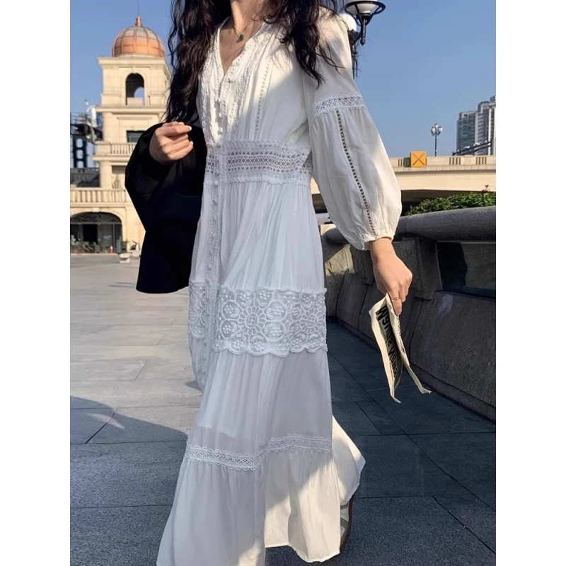 2025春季新款法式甜美温柔过膝长款爆款初恋裙惊艳蕾丝连衣裙女