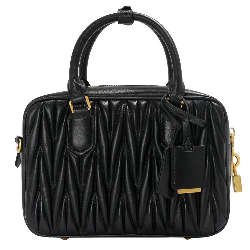 新款羊皮褶皱mini保龄球包波士顿包手提枕头包高品质斜挎单肩包