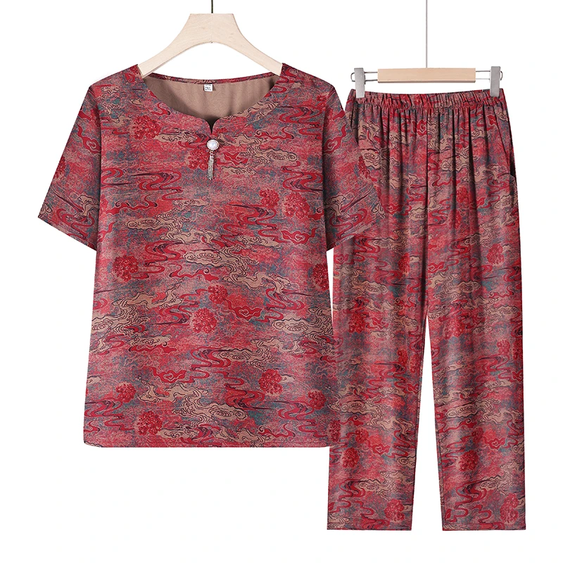 850 妈妈装夏款短袖洋气套装中老年两件套奶奶气质宽松夏季套装