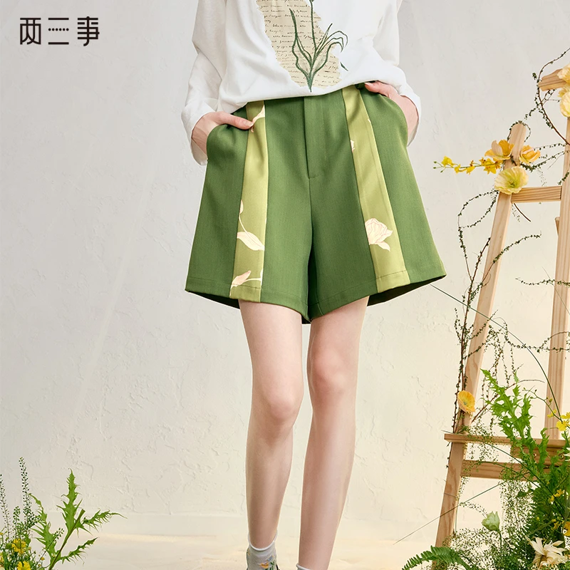 两三事半壁青漪 印花布拼接高腰短裤S25CKZ257