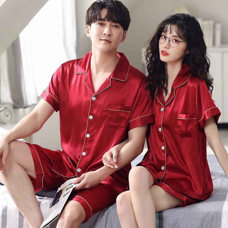 冰丝结婚睡衣新婚情侣套装春夏季大红色短袖男女喜庆本命年家居服