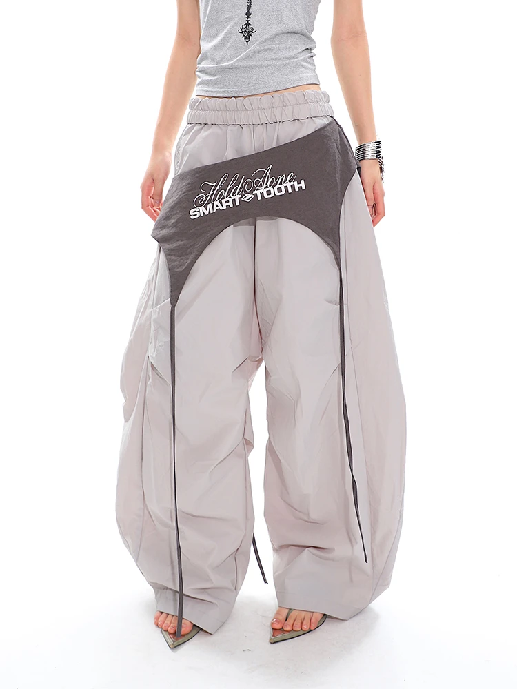 4Foeie  撞色拼接褶皱伞兵休闲裤街舞嘻哈弯刀阔腿裤