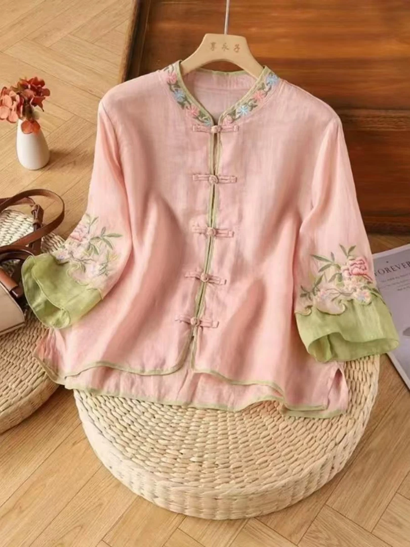 【直播间过款扣号抢购】宽松刺绣棉麻衬衫上衣女民族复古风女