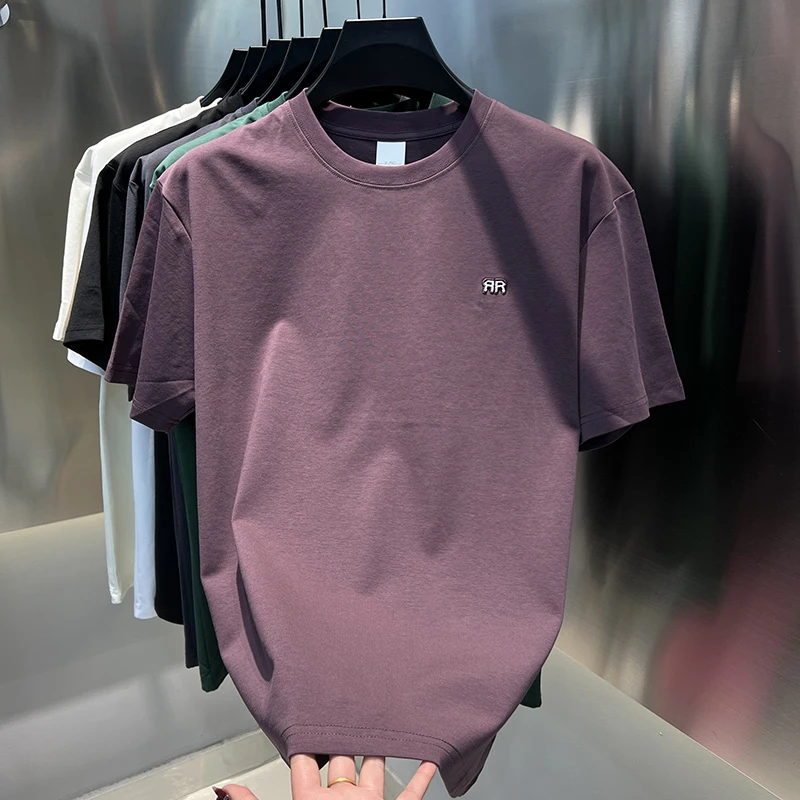 2025年春夏新款百搭男士短袖净版纯色刺绣小标简约时尚潮流男装