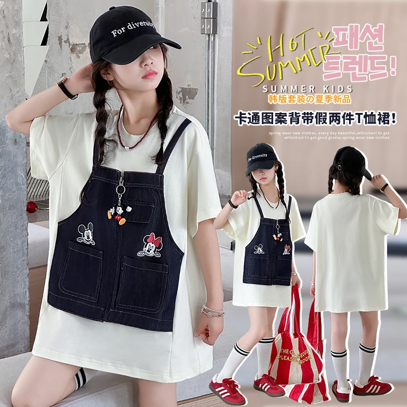 女童夏装潮款假两件卡通T恤裙2025新款女孩洋气韩范高级感连衣裙