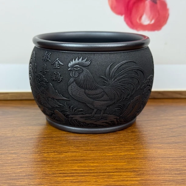 366原矿紫砂石黄泥料全手工金鸡雕刻高端主人杯品茗杯容量180毫升