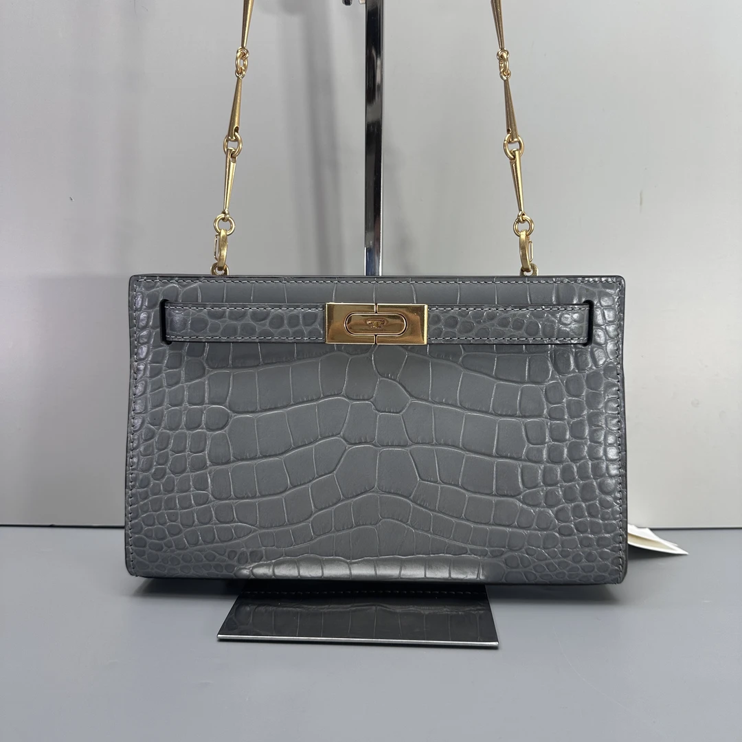 95新 TORY BURCH/汤丽柏琦 lee蓝灰色压纹单肩包 23x15x4M082501