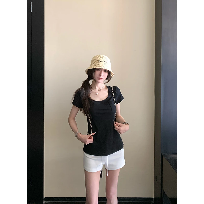 SKK Store 亲肤独白 会呼吸的亚麻U领打底短袖T恤老钱宽松上衣