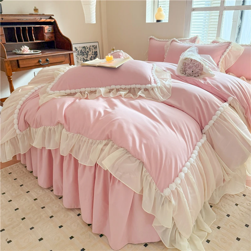 法式浪漫床裙四件套公主风蕾丝被套亲肤床单仙仙女床上用品床笠款