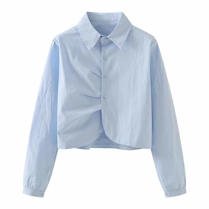 品牌折扣女装设计感小众皱褶纯棉短款衬衫女春秋新款休闲百搭上衣