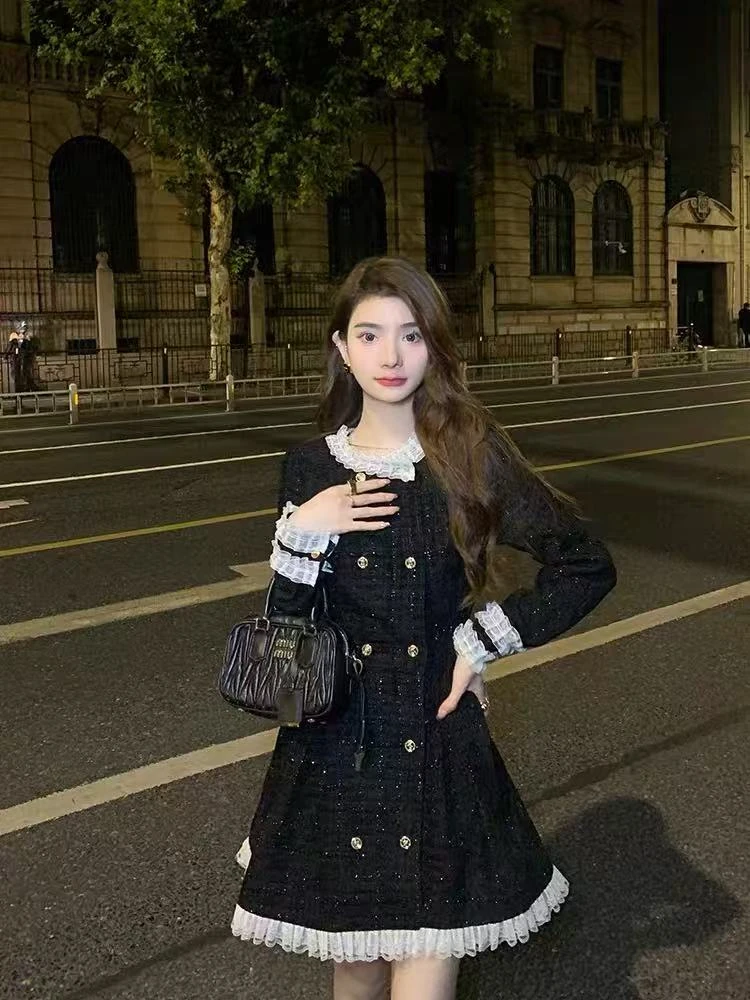 秋季显瘦撞色法式连衣裙收腰气质小个子名媛小香风时尚连衣裙