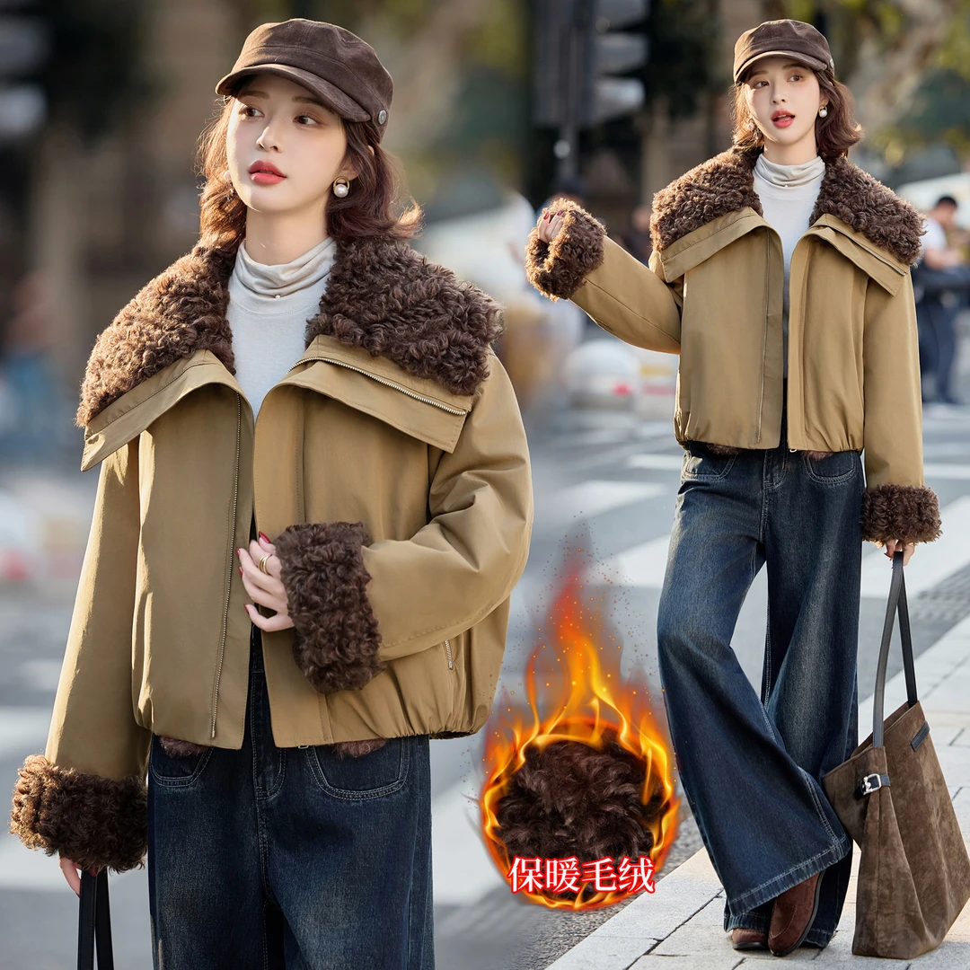 美拉德风皮毛一体女短款小个子2025冬季新款加绒加厚派克服外套