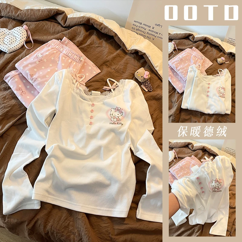 KT猫德绒保暖睡衣女春秋季卡通韩版学生可外穿长袖长裤家居服套装