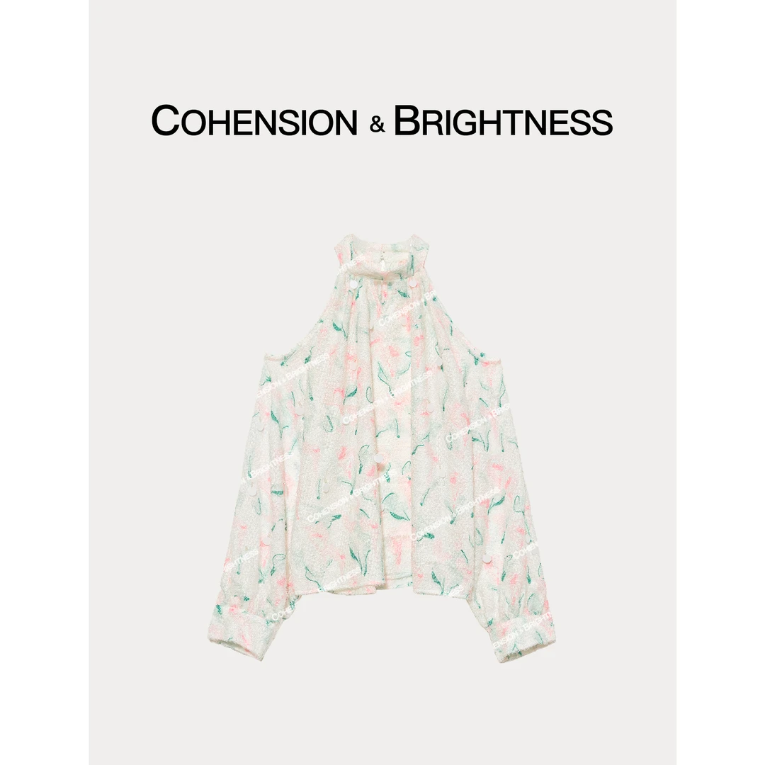 凝慧真的好【漫花】圆领露肩挂脖印花亮片时尚衬衫汉服CQ318