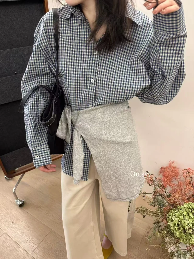 常规款拼接格子宽松型夏季衬衫长袖薄款单排多扣纯色65121