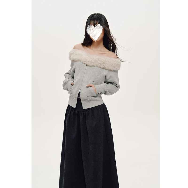 芊喜Studio 斜肩可拆卸毛领秋季纯棉长袖开衫卫衣露肩上衣