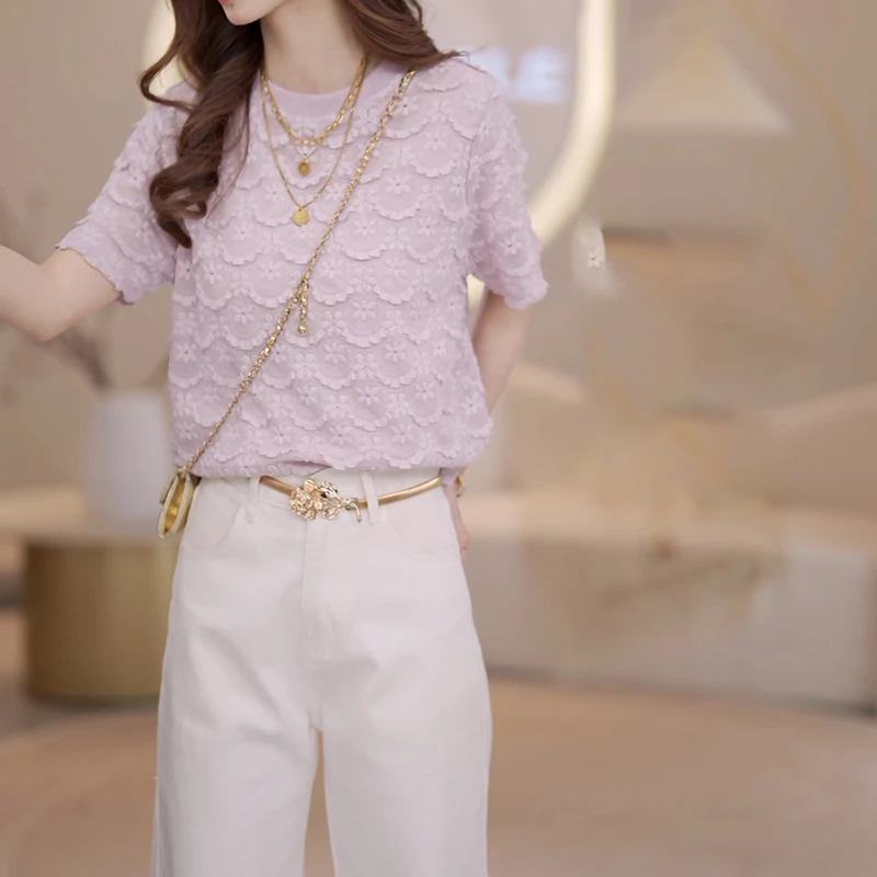 2025夏季新品提花短袖宽松百搭上衣圆领女士套头衬衫LK2504496
