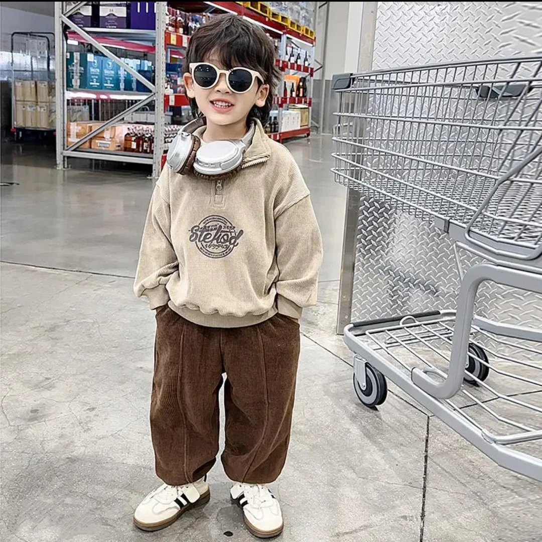 【现货】韩版儿童ste秋款半开襟拉链条绒套装