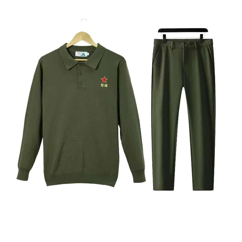 春秋季休闲厚款绿色翻领男款长袖毛衣宽松型时尚春秋季套装