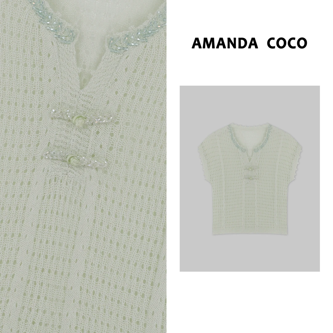 AMANDACOCO 静静 | 夏季新中式串珠盘扣小v领清凉镂空短袖针织衫