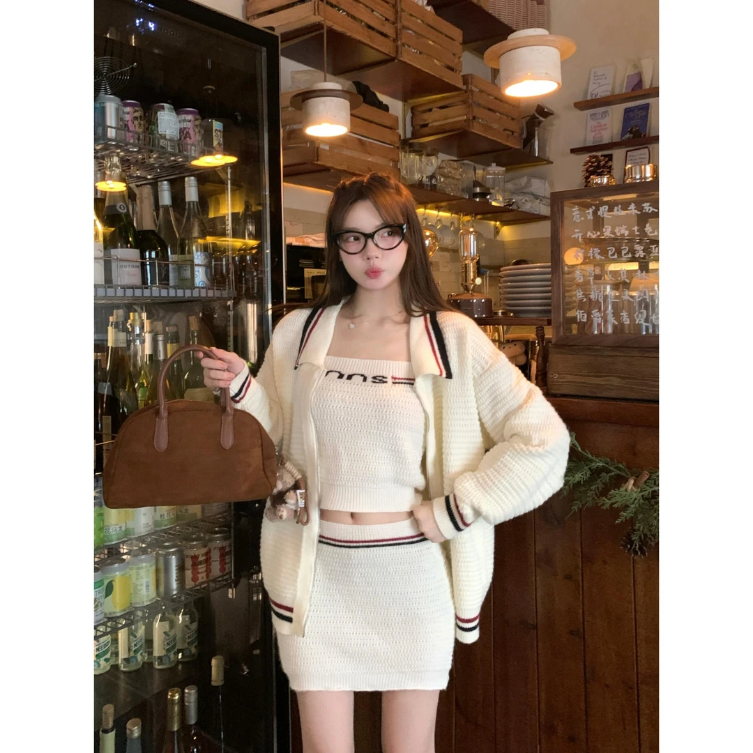 【繆系老钱】复古欧美风休闲撞色边针织外套~吊带~半身裙套装Y3385