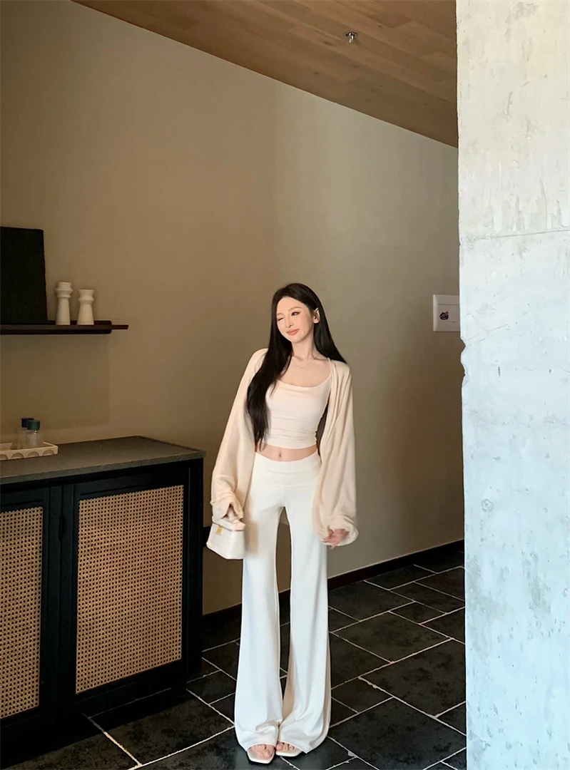 松弛感三件套女吊带背心针织开衫微辣休闲裤修身套装#22725白色