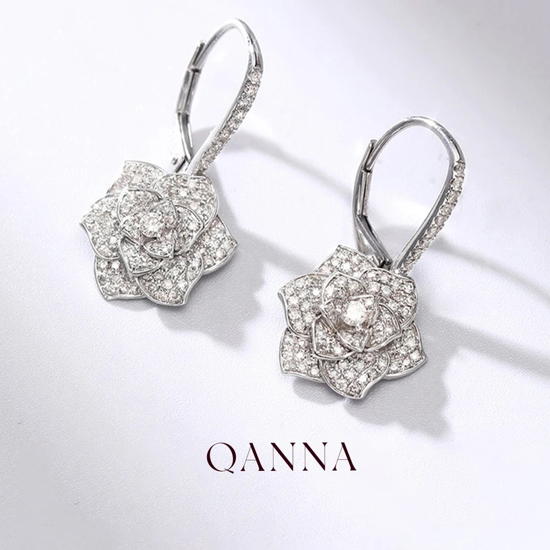QANNA【凝霜玫瑰】【80分 玫瑰花耳扣】18K金轻奢璀璨豪华钻石耳饰AF