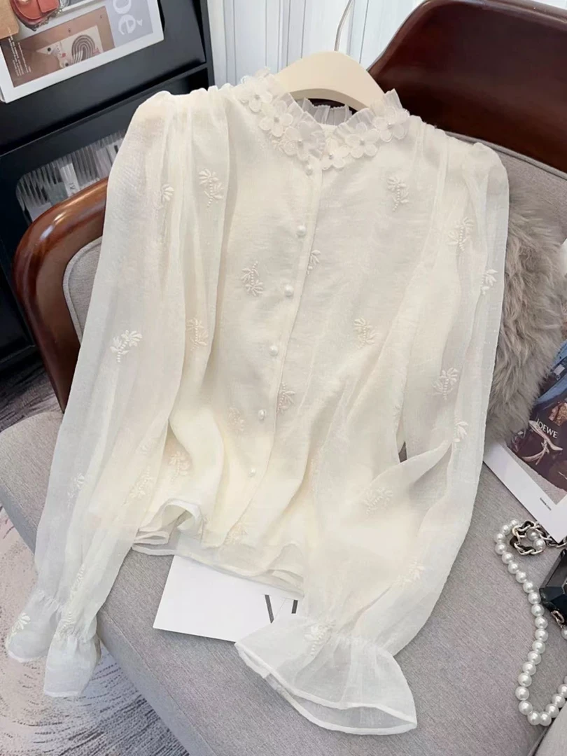 2208#2025新款时尚气质蕾丝设计长袖衬衣