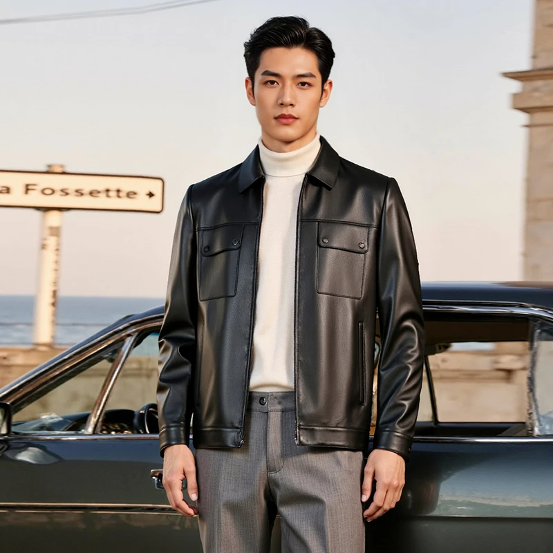 【雷总同款】头层绵羊皮真皮皮衣男装春季新款高端真皮夹克简约外套