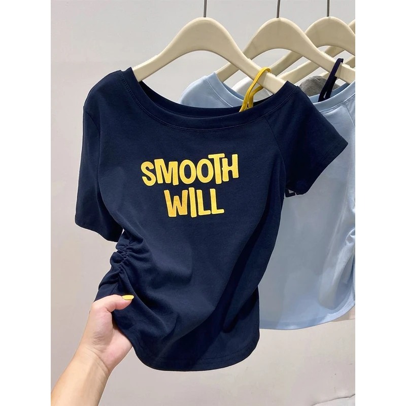 【AORSKK】新款斜肩吊带短袖t恤女露肩收腰欧美风印花字母百搭上衣