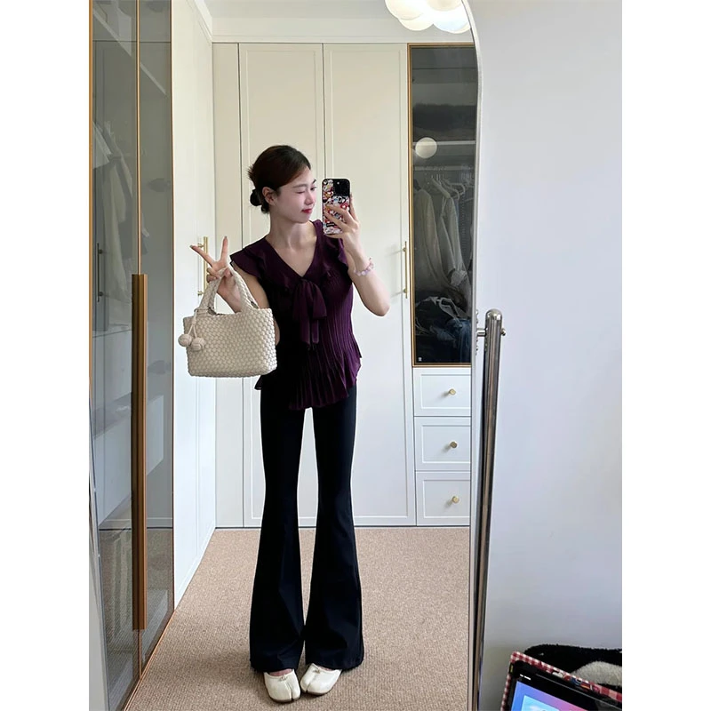 韩系设计感修身显瘦无袖上衣穿搭2025夏季时尚休闲宽松百搭长裤女