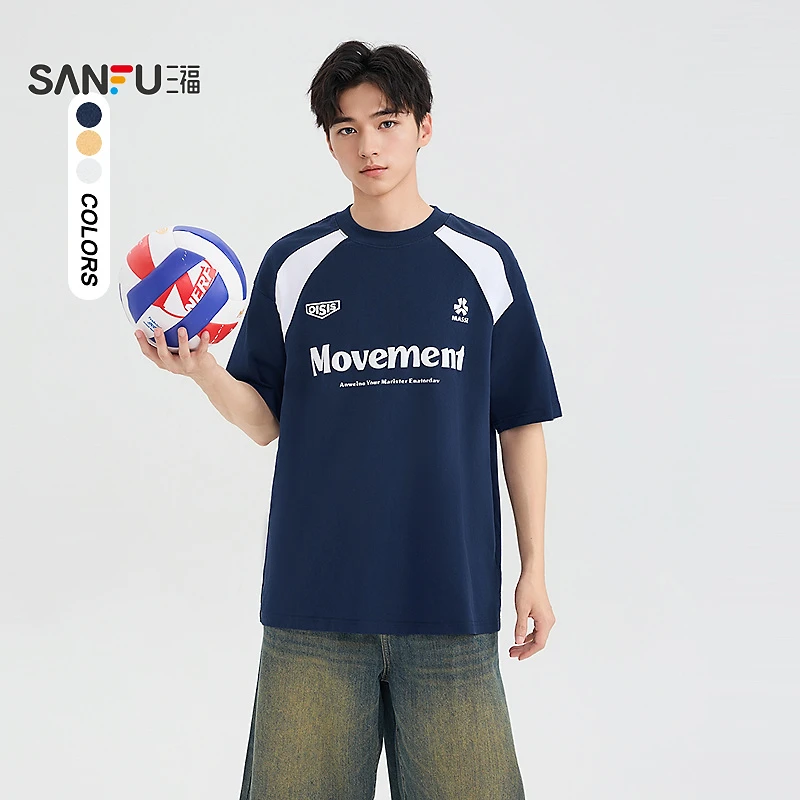 SANFU/三福【出游穿搭】夏男女字母印花拼色潮圆领短T恤休闲500891