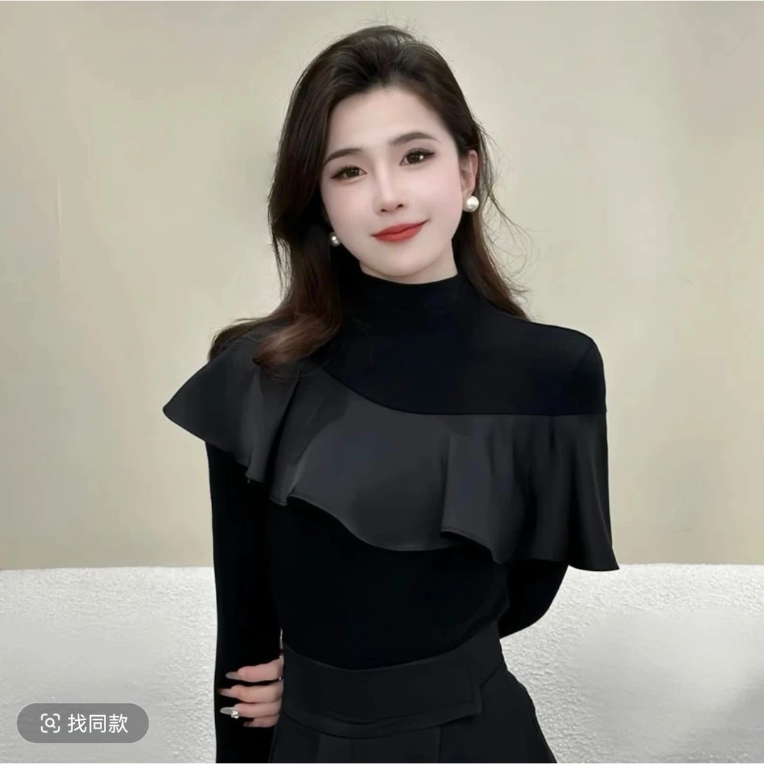 设计感荷叶边半高领长袖T恤女2025春季新款修身显瘦别致黑色上衣