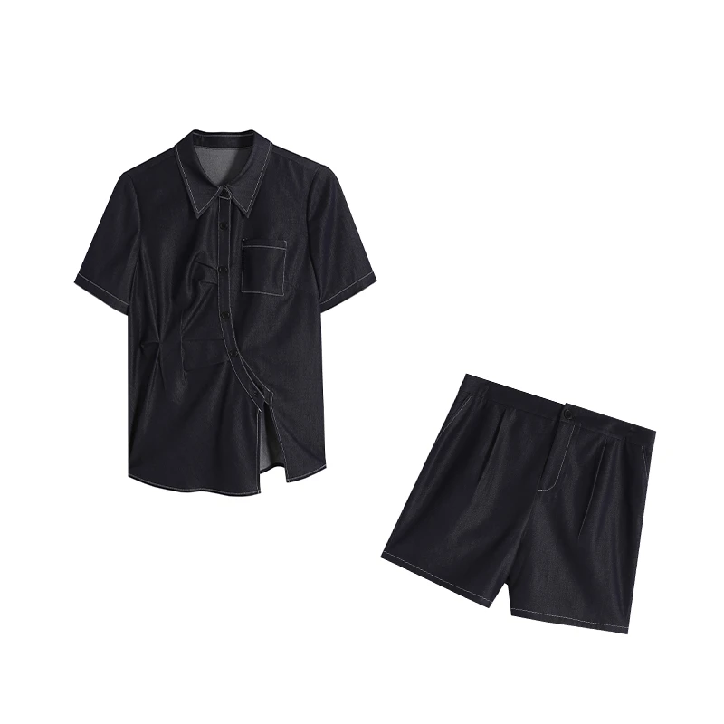 藏青色上衣+夏季短裤两件套ZL108537套装夏装显瘦衬衫短袖女装