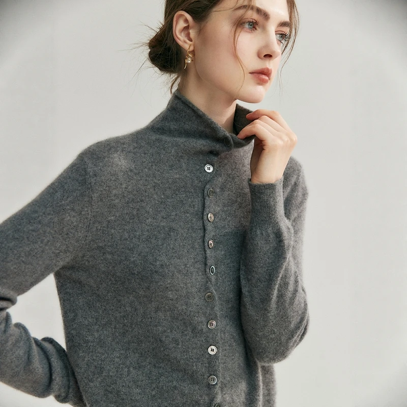 法式复古灰色卷边高领毛衣开衫女秋冬慵懒风针织外套打底内搭上衣