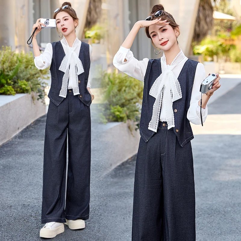 休闲牛仔时尚套装女2025春新款超火韩系穿搭洋气马甲阔腿裤三件套