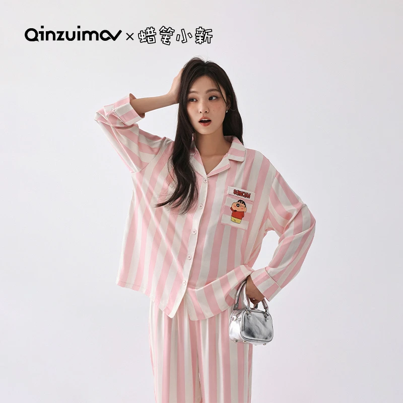 【千颂妮专享】亲嘴猫X蜡笔小新 冰丝睡衣可爱翻领家居服套装S51009