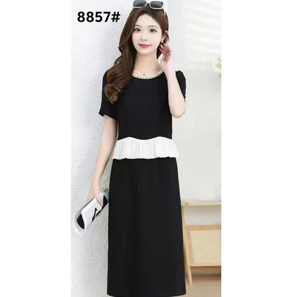 名媛风简约圆领钉珠时尚撞色法式荷叶边减龄显瘦小黑裙857